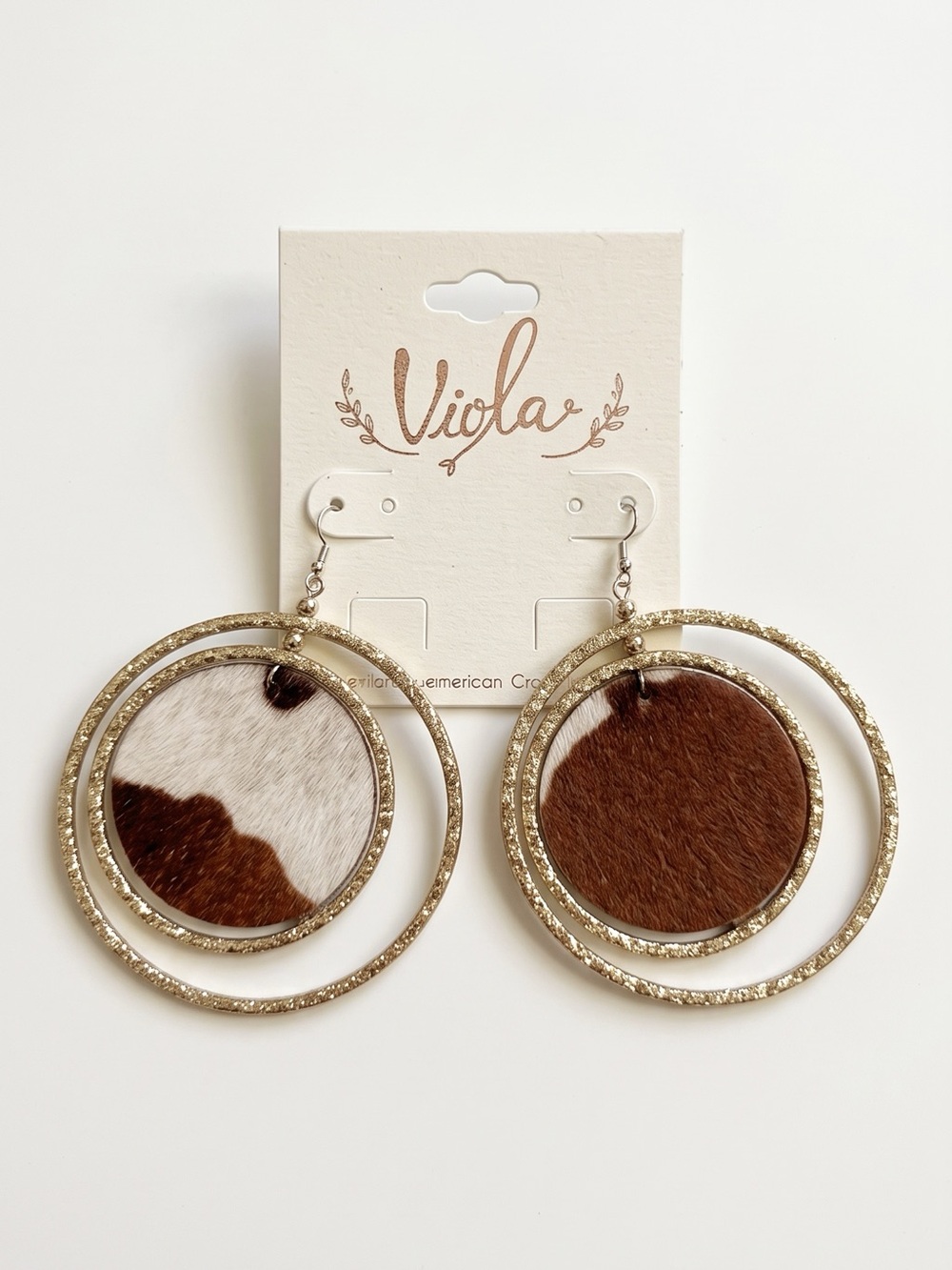 NWT Viola Brown & White Cowhide Double Hoop Earrings with Gold Rings